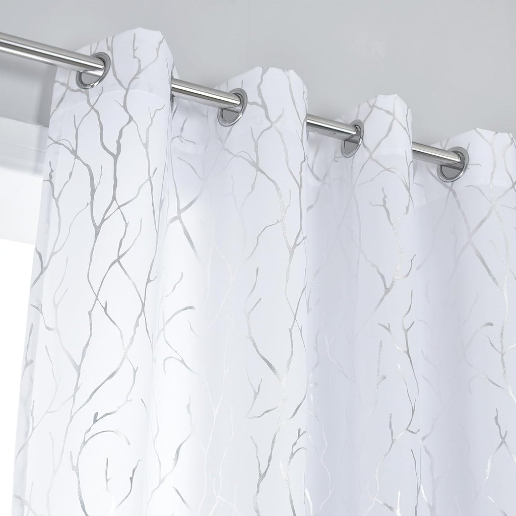 Kotile Silver Tree Branch Curtains 63 Inch Length, Metallic Shimmer White Curtains for Bedroom, Grommet Top Privacy Semi-Sheer, 52 x 63 Inch, 2 Panels