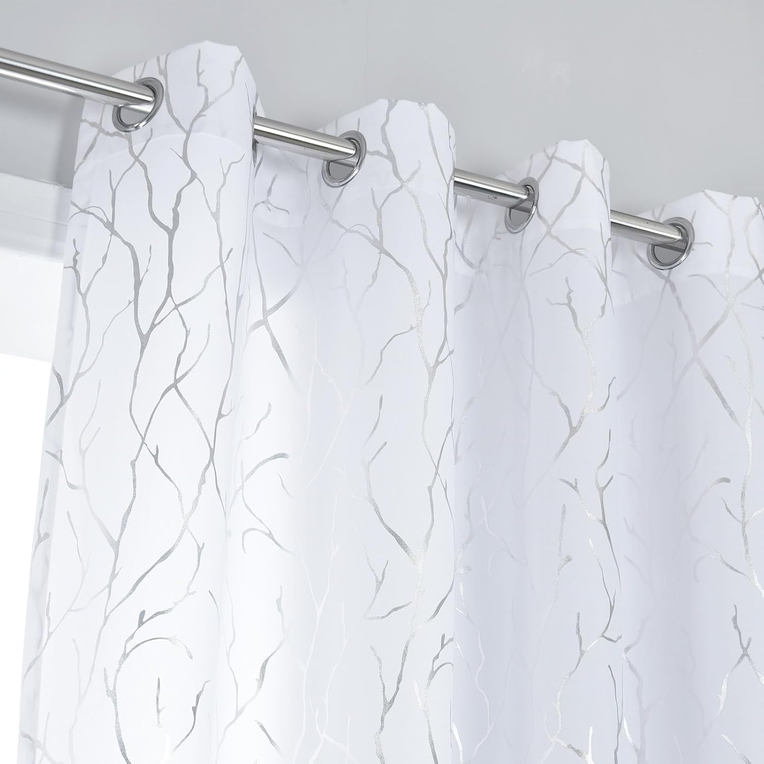 Kotile Silver Tree Branch Curtains 63 Inch Length, Metallic Shimmer White Curtains for Bedroom, Grommet Top Privacy Semi-Sheer, 52 x 63 Inch, 2 Panels