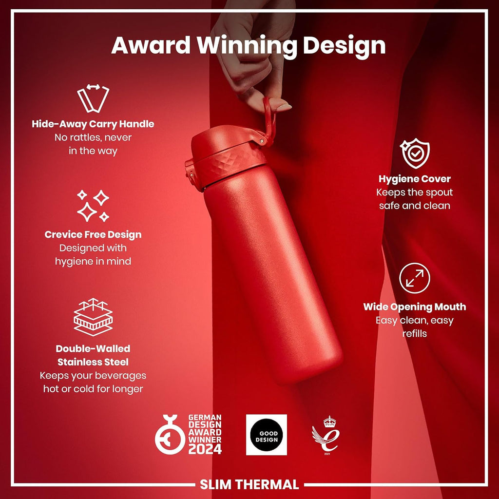 ION8 Vacuum Insulated Steel Water Bottle, 500 ml/17 oz, Leak Proof, Easy to Open, Secure Lock, Dishwasher Safe, Fits Cup Holders, Carry Handle, Scratch Resistant, Metal Water Bottle