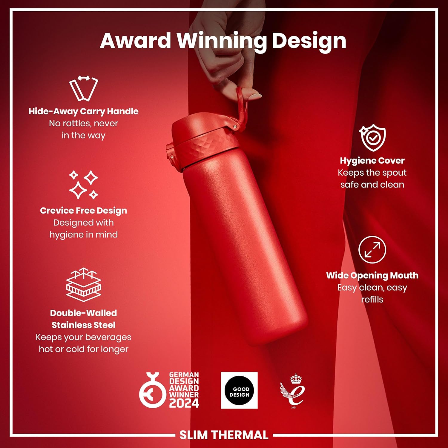 ION8 Vacuum Insulated Steel Water Bottle, 500 ml/17 oz, Leak Proof, Easy to Open, Secure Lock, Dishwasher Safe, Fits Cup Holders, Carry Handle, Scratch Resistant, Metal Water Bottle