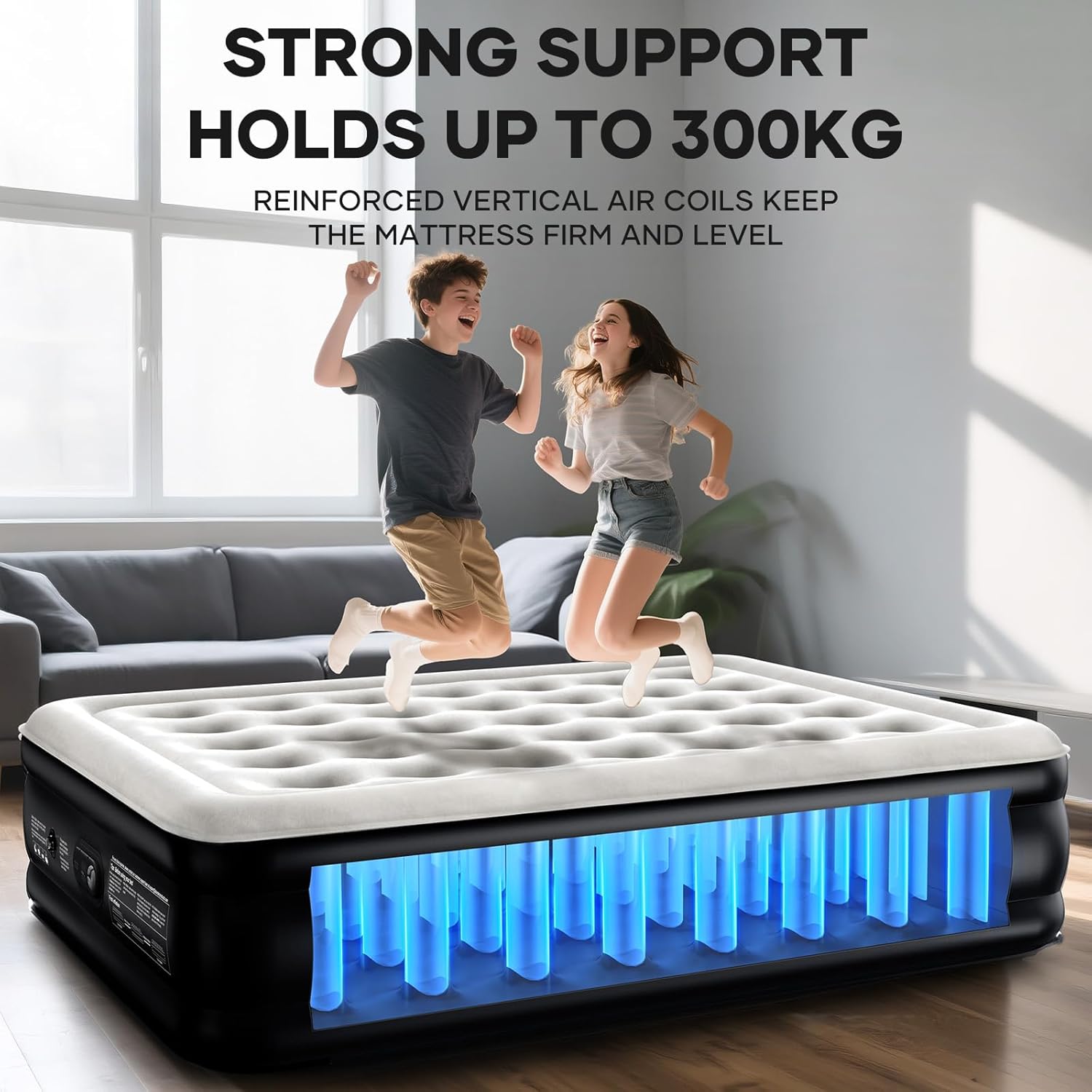 Inflatable Mattress, Air Bed with Built-in Electric Pump, King Size Blow Up Self Inflating Guest Airbed with Flocked Surface for Camping or Home Use, 202cm L x 151cm W x 46cm H(Black)