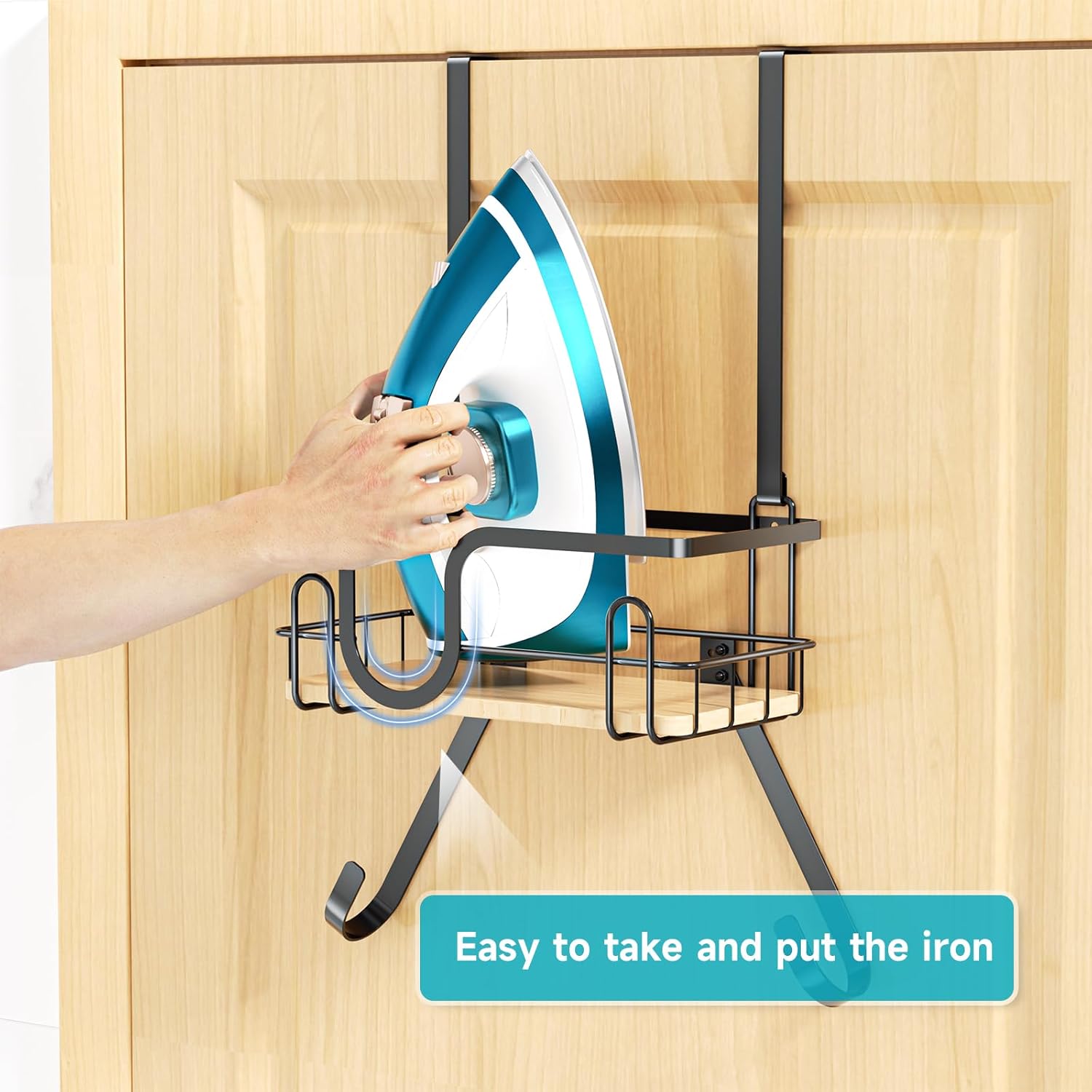 Wall Mount/Over The Door Ironing Board Hanger with Large Storage Basket & Removable Hooks, Iron and Ironing Board Holder Storage for Laundry Room (Black)