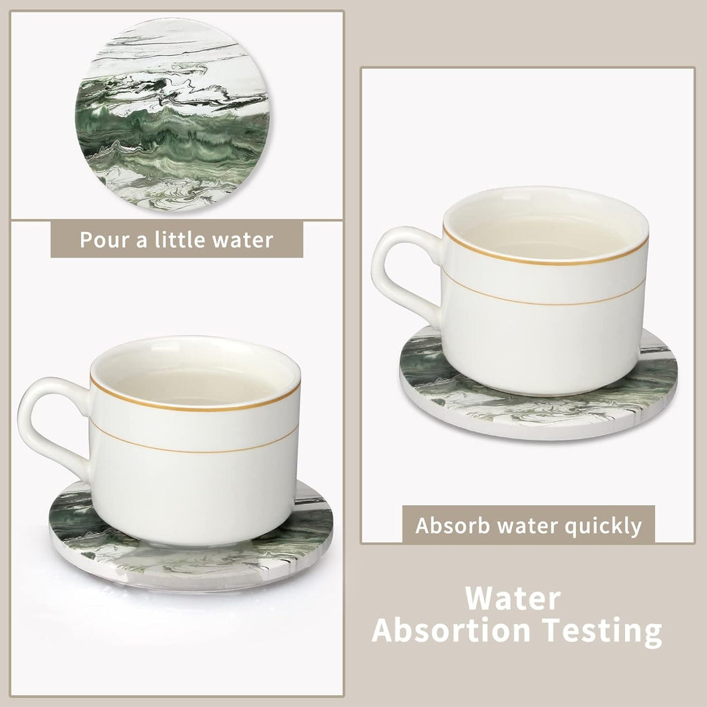 6 Pcs Green Ceramic Coasters with Holder Round Cool Drink Best Modern Absorbent Coaster Set for Coffee Table, Art Decorative Coasters, Bar, Farmhouse, Outdoor Cup Coaster Gifts