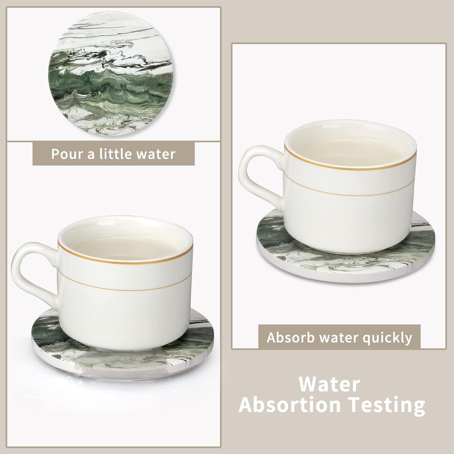 6 Pcs Green Ceramic Coasters with Holder Round Cool Drink Best Modern Absorbent Coaster Set for Coffee Table, Art Decorative Coasters, Bar, Farmhouse, Outdoor Cup Coaster Gifts