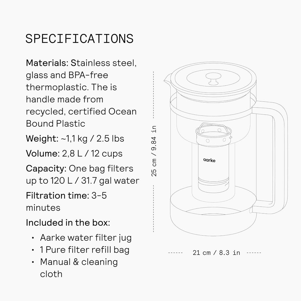 Purifier Large, Water Filter Jug in Glass and Stainless Steel, 1.7L / 7 Cups, Includes Aarke Pure Filter Refill Bag