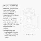 Purifier Large, Water Filter Jug in Glass and Stainless Steel, 1.7L / 7 Cups, Includes Aarke Pure Filter Refill Bag