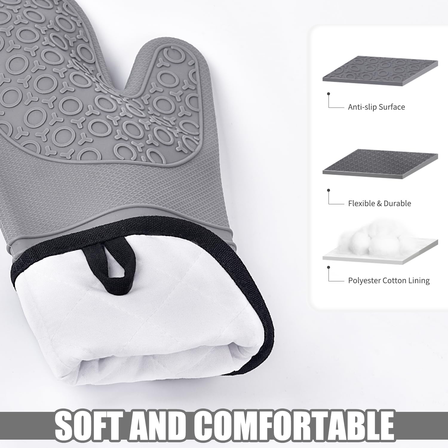 Oven Gloves, Sopito Set of 6 Silicone Oven Mitts 446°F Heat Resistant with Pot Holders for Kitchen Baking Grilling Microwave, Grey