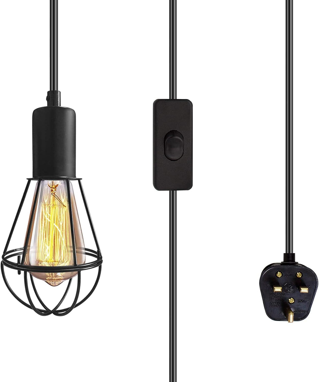 Vintage Suspended Pendant Light Ceiling Lighting Fitting, E27 Lamp Holder with 6M Plug and Switch, Industrial Plug in Ceiling Lights, Retro Cage Hanging Lights Plug in Pendant Lights for Loft