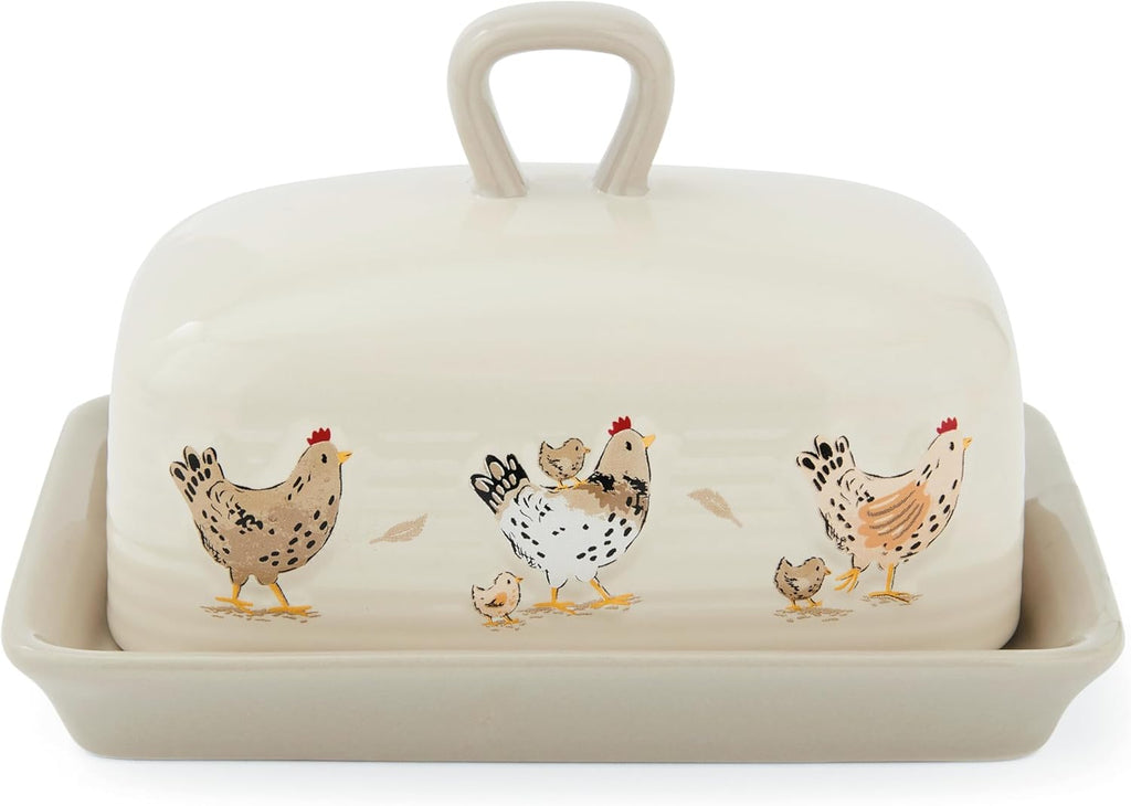 Hen House Lane Butter Dish | British Designed Farmhouse Kitchen Storage | Embossed Stoneware with Ribbed Body | Rustic Countryside Style | Dishwasher & Microwave Safe
