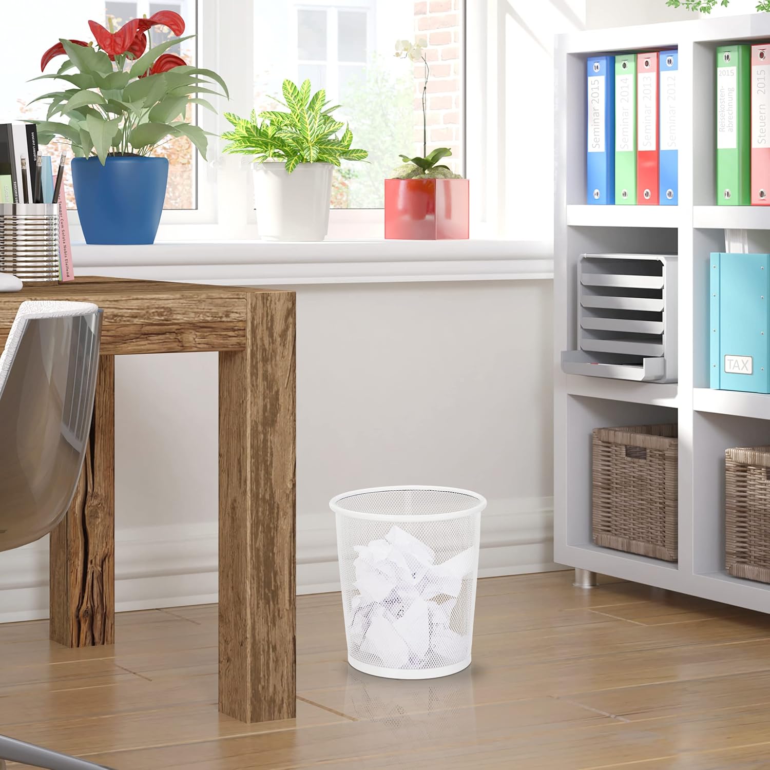 Wastebasket, Wastepaper, Office & Home, Round, Wire Mesh, Paper Bin, Metal, H x D: 24 x 23 cm, White, Steel