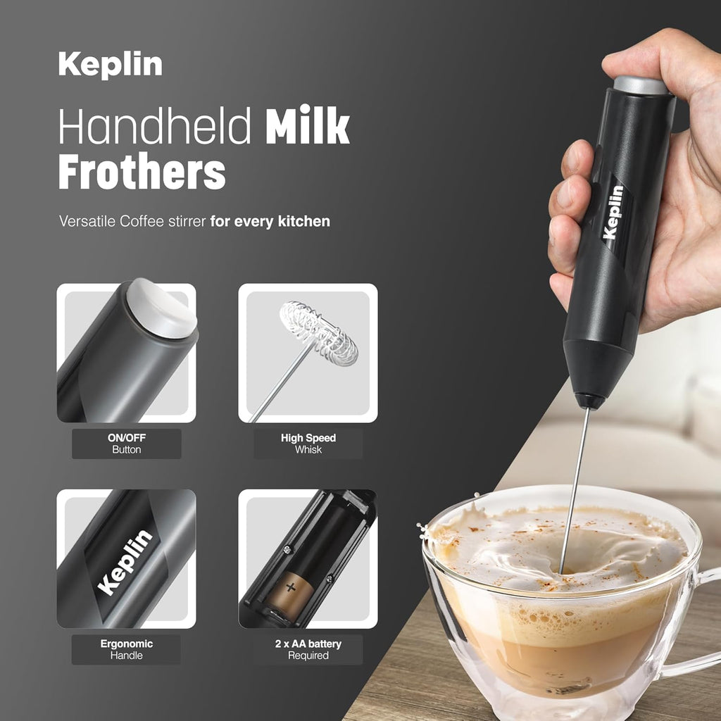 Handheld Milk Frother - Stainless Steel Electric Whisk - Portable Battery-Operated Coffee Frother for Lattes, Matcha, Protein Shakes - Ergonomic, Compact, Easy to Clean (Black)