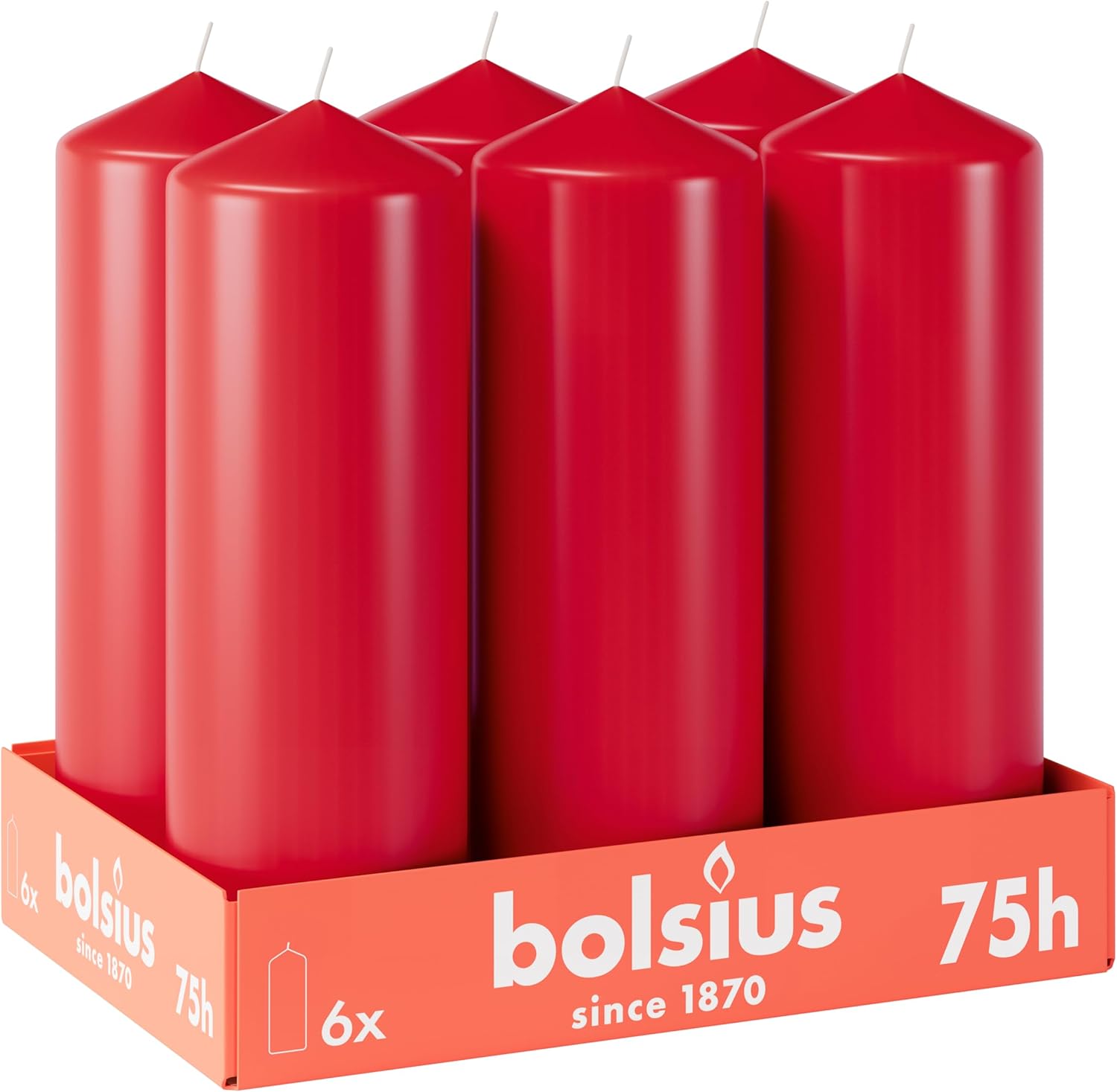 Smooth Pillar Candles - Red - Pack of 6-20 x 7 cm - Decorative Household Candles - Burn Time 75 Hours - Unscented - Contains Natural Plant Wax - Without Palm Oil