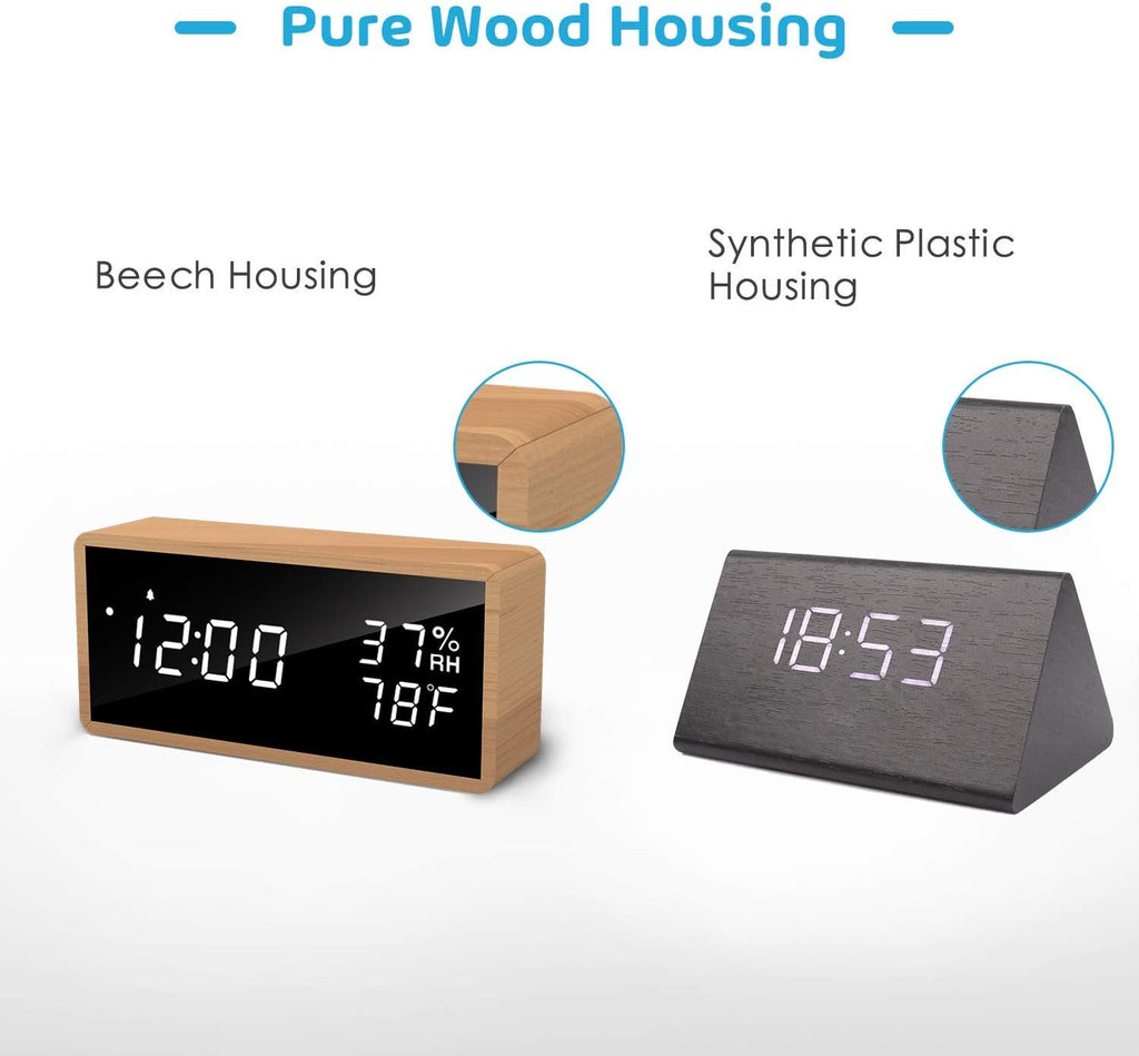 Alarm Clock Bedside, Wooden Digital Alarm Clocks Non Ticking, Adjustable Brightness & USB Charging for Bedside, Desk, Shelf