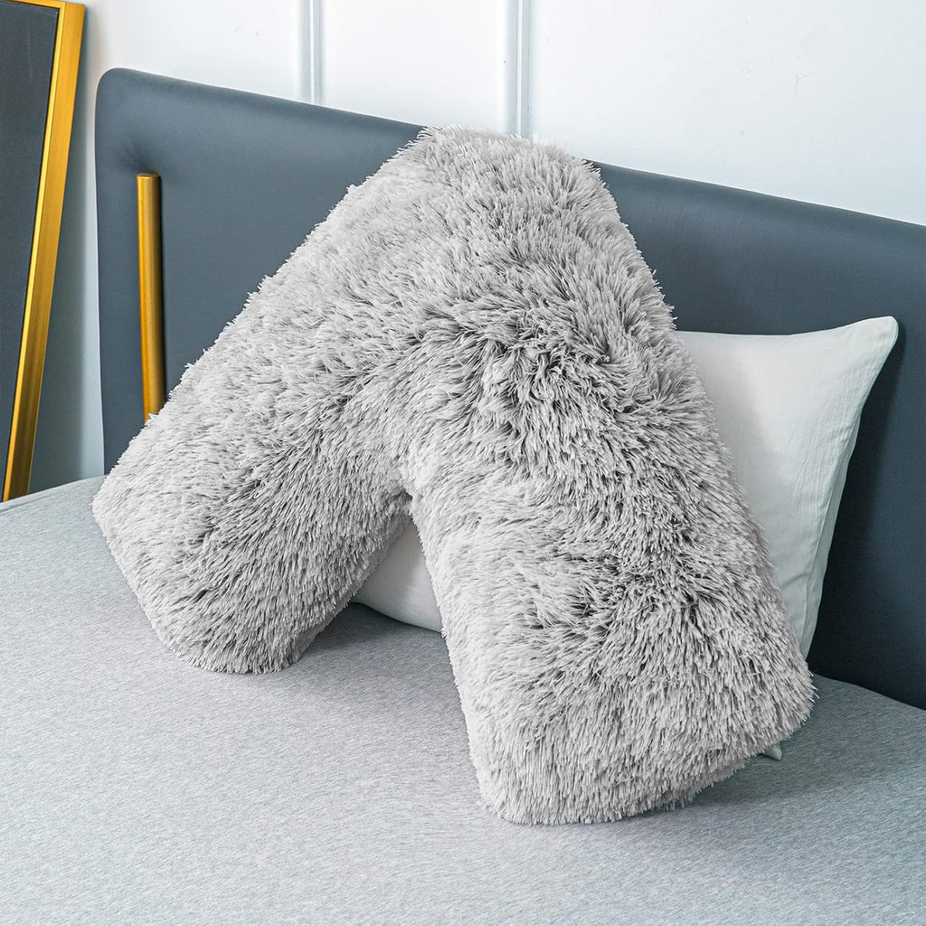 LSC Orthopedic V Pillow Soft & Fluffy Sherpa Teddy HUG & SNUG Fleece Pillows to Support Head, Neck and Back V-Shaped Nursing Pillow with Non-Allergenic Pillowcase (LIGHT GREY, 70 X 35 CM)