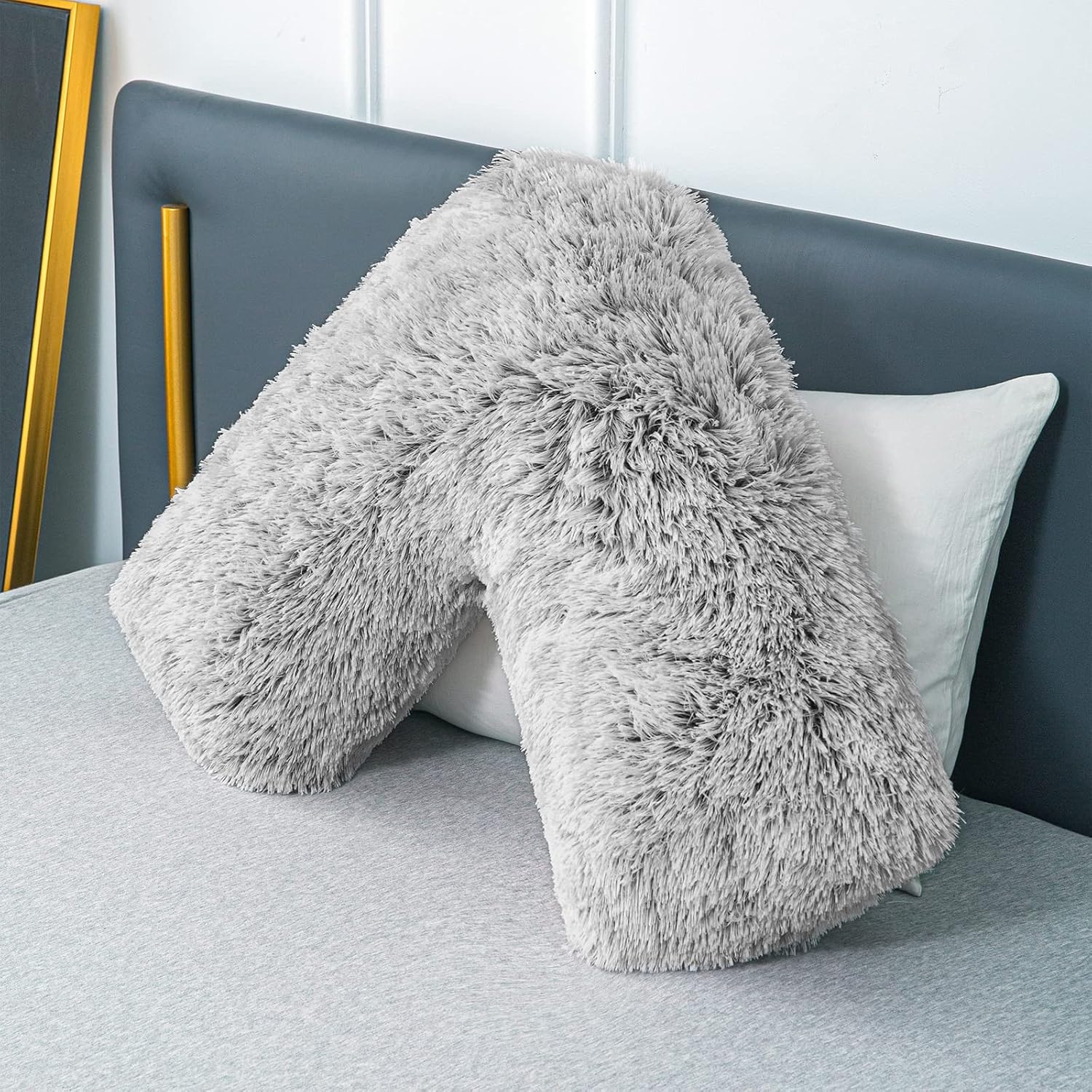LSC Orthopedic V Pillow Soft & Fluffy Sherpa Teddy HUG & SNUG Fleece Pillows to Support Head, Neck and Back V-Shaped Nursing Pillow with Non-Allergenic Pillowcase (LIGHT GREY, 70 X 35 CM)