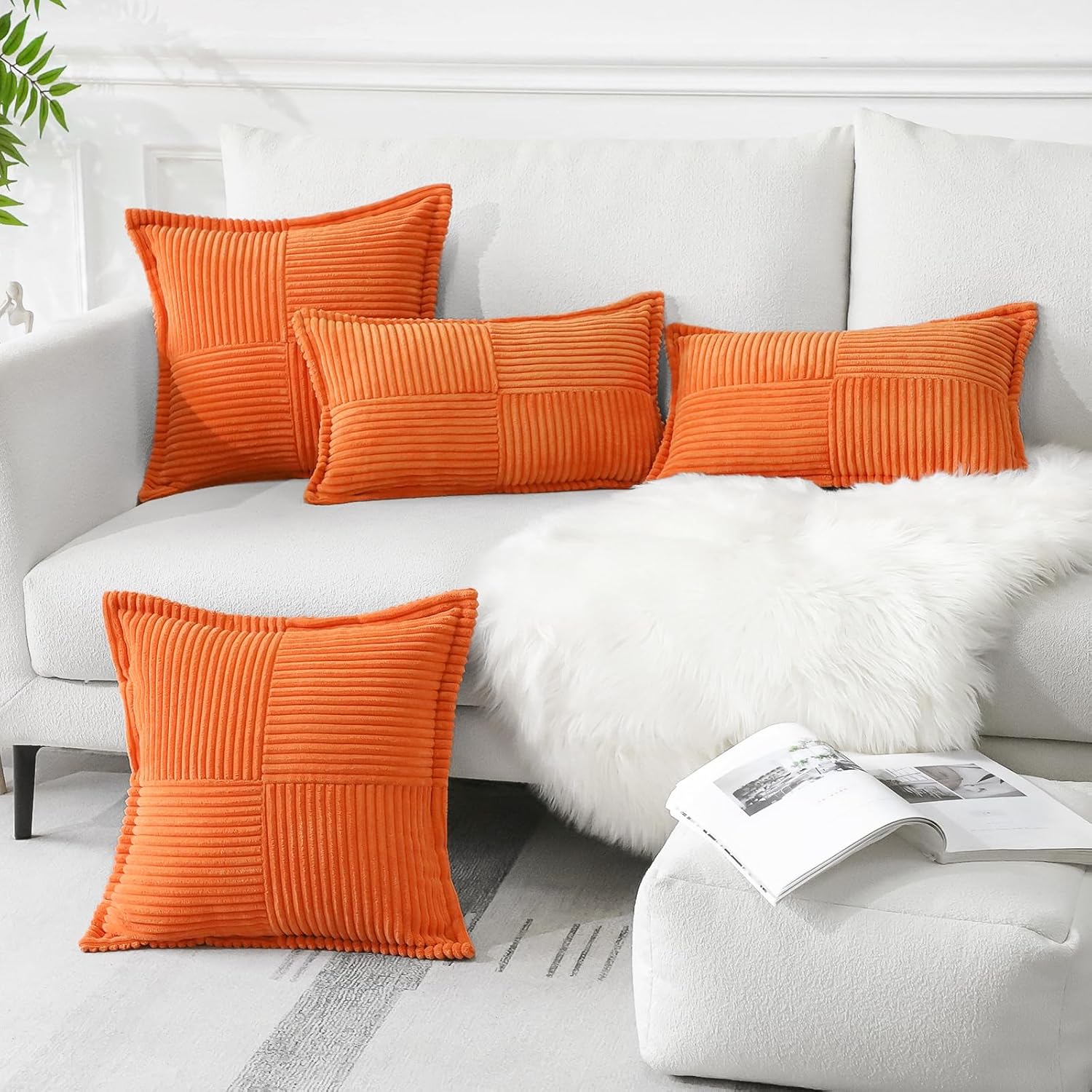 Artscope Corduroy Cushion Covers Pack of 2 Modern Patchwork Throw Pillow Covers Soft Pillowcase Broadside Decorative Textured Cushions for Home decor Sofa Bedroom Couch Orange 40x40cm