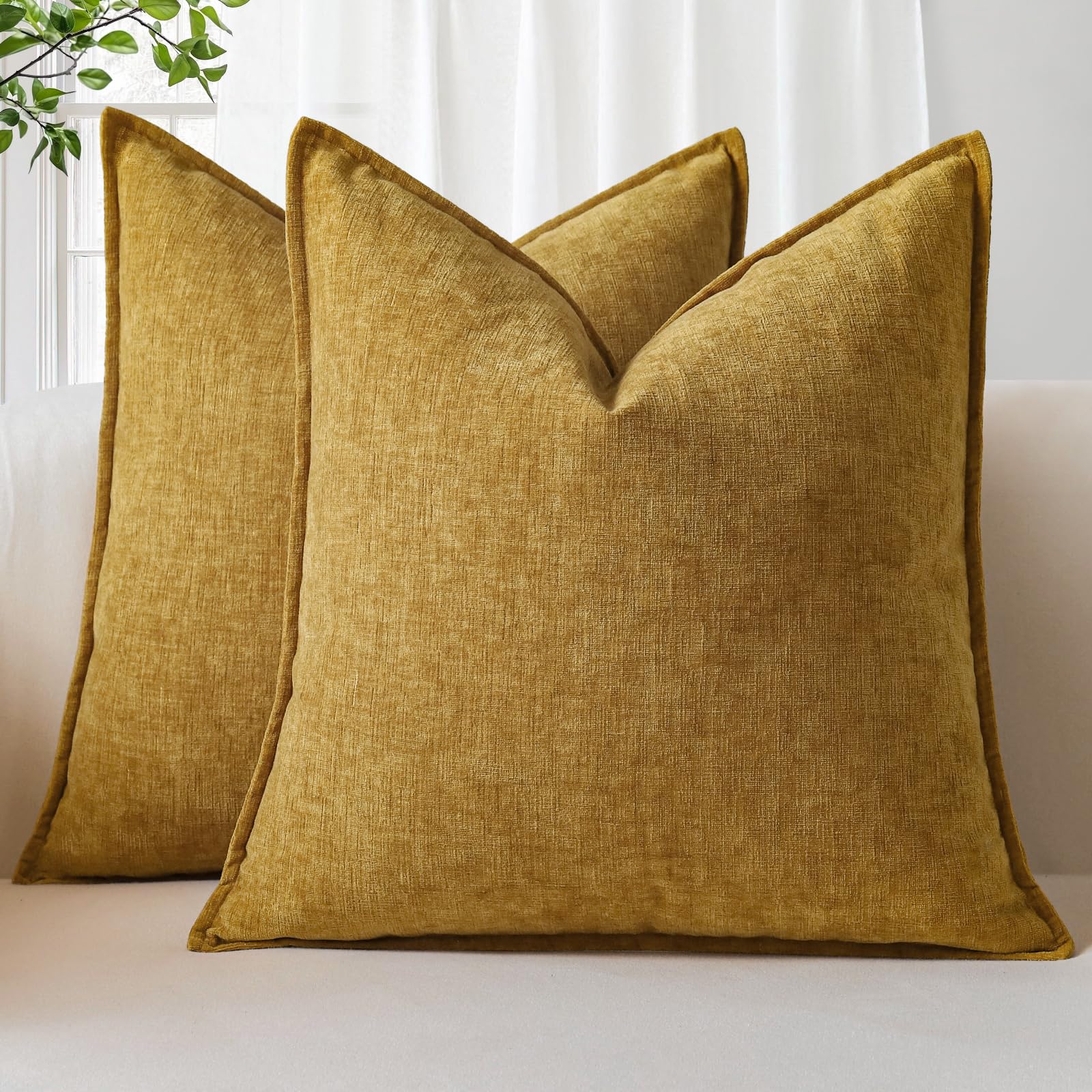 Sungeek Set of 2 Soft Chenille Cushion Covers 60x60cm Square Decorative Throw Pillow Covers with Stitched Edge Solid Dyed Pillow Cases Covers for Home Decor Couch Sofa Bed Living Room, Yellow