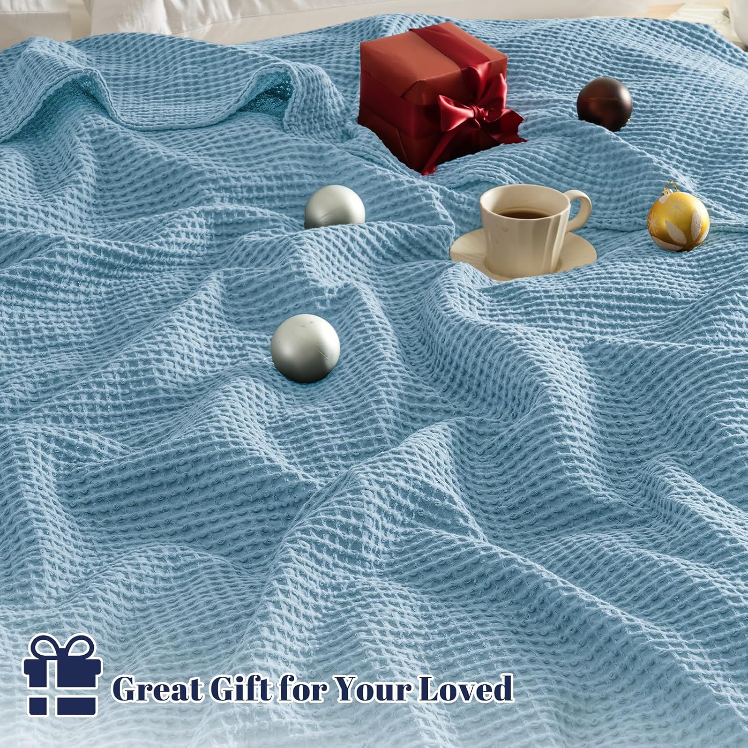 100% Cotton Waffle Weave Blanket SuperKing Size 230 x 270cm, Pre-Washed Lightweight Breathable Throw Blanket, Oeko-TEX Certified for Bed Couch Sofa, Home Decor, Dusty Blue