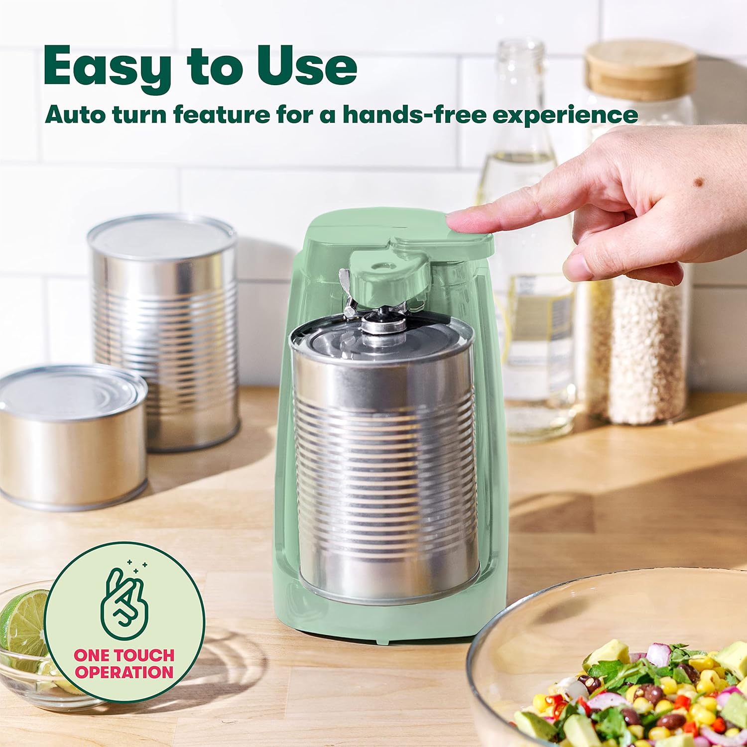 Electric Can Opener and Knife Sharpener, Multifunctional Jar and Bottle Opener with Removable Cutting Lever and Cord Storage, 60 Watt Motor, BPA Free, Stainless Steel Blade, Sage