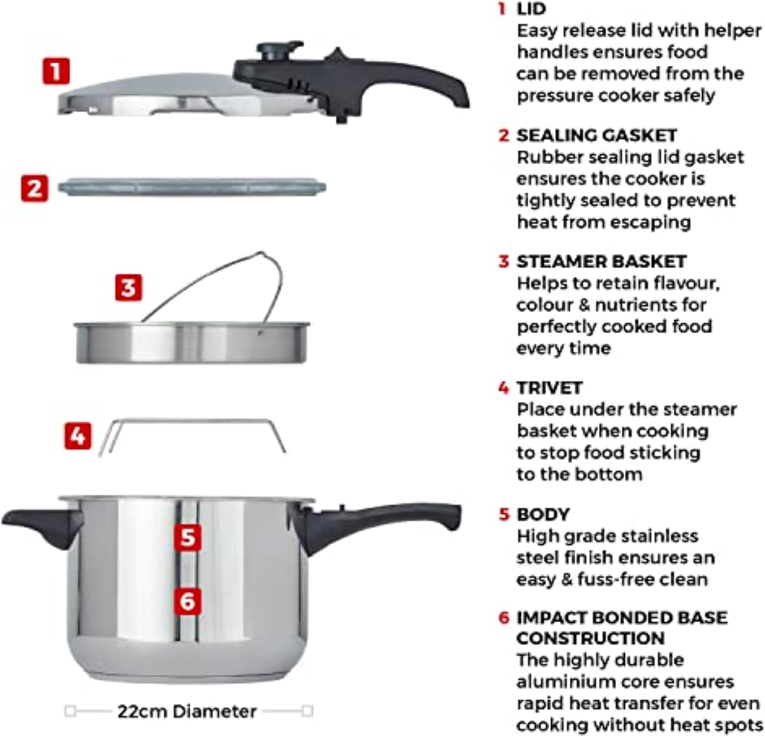 T80244 6L/22cm Pressure Cooker with Steamer Basket, Stainless Steel, Silver