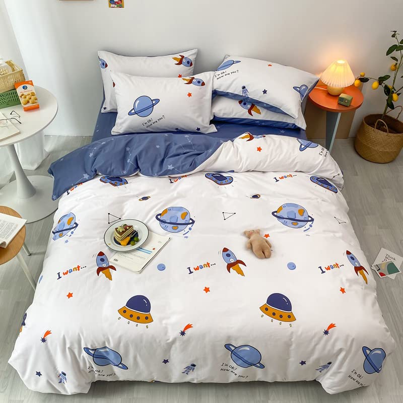 HAVOP 100% Cotton Duvet Cover Double Size Kids Boys Girls Cartoon Space Bedding Set Rocket Planet Stars Printed Quilt Cover Set White And Blue All Season Bedding Set, 200×200 cm