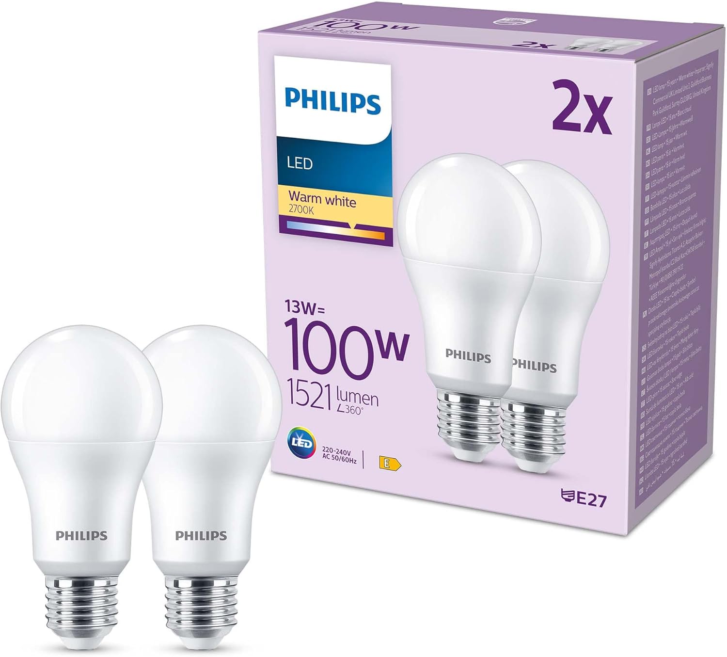 Philips LED Frosted A67 Light Bulb 2 Pack [Warm White 2700K - E27 Edison Screw] 100W, Non Dimmable. for Home Indoor Lighting, Value Range Main image