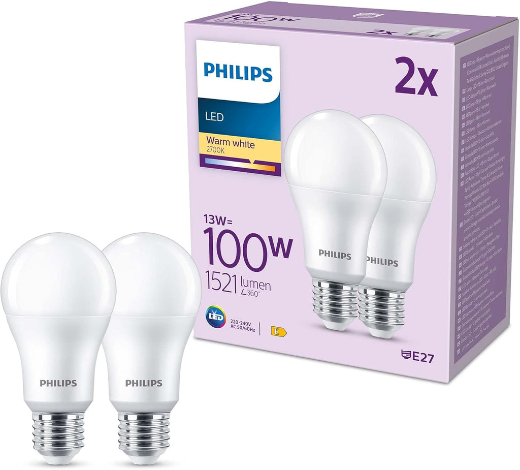 Philips LED Frosted A67 Light Bulb 2 Pack [Warm White 2700K - E27 Edison Screw] 100W, Non Dimmable. for Home Indoor Lighting, Value Range