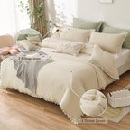 Beige and White Duvet Cover King Size Pom Pom Tassels Bedding Cover Soft Microfiber Bedding Set with Zipper Closure (220x230cm)