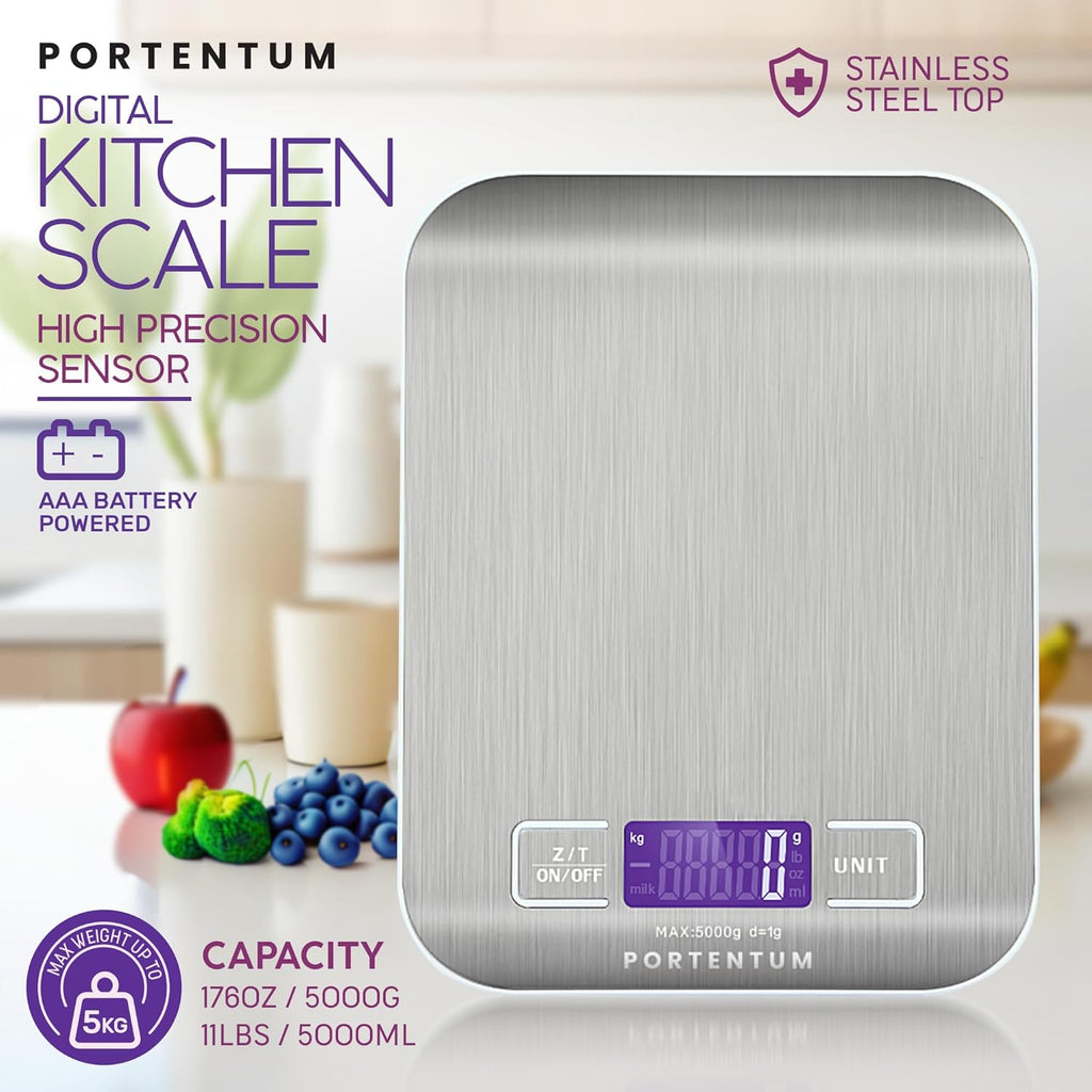 Digital Kitchen Scales 5kg/11lb with Large LCD Display, Food Scales with Large Stainless Steel Weighing Surface, Liquid Measurement, High Precision up to 1 g, Tare Function, Silver