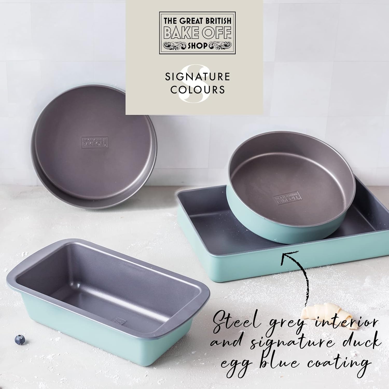 Cake Tin for Sponges, 8 inch Baking Tin (20cm), for Cheesecake, Victoria & Christmas, Offical GBBO Logo, Non Stick Coated Carbon Steel, Duck Egg Blue