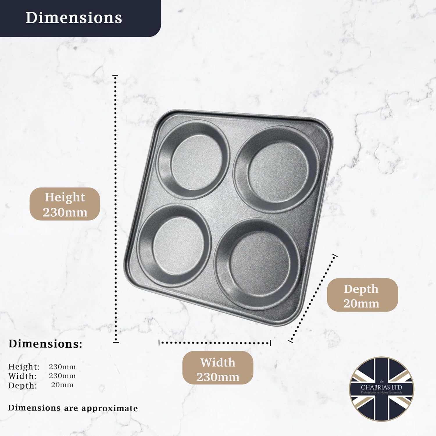 Chabrias Ltd UK-Made 2-Pack Yorkshire Pudding Tray, 4-Cup “Giant” – Carbon Steel, Long-Life Non-Stick, Even-Bake, Easy-Release, Oven-Safe – Perfect Crispy Rims, 23 cm