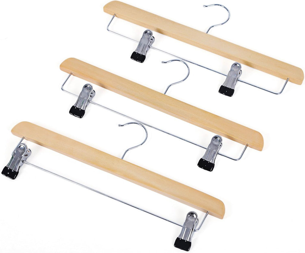 SONGMICS Skirt Hangers, Pack of 8, Solid Wood Trousers Hangers, with Non-Slip Clips for Pants Slacks, Shorts, Natural CRW008-8