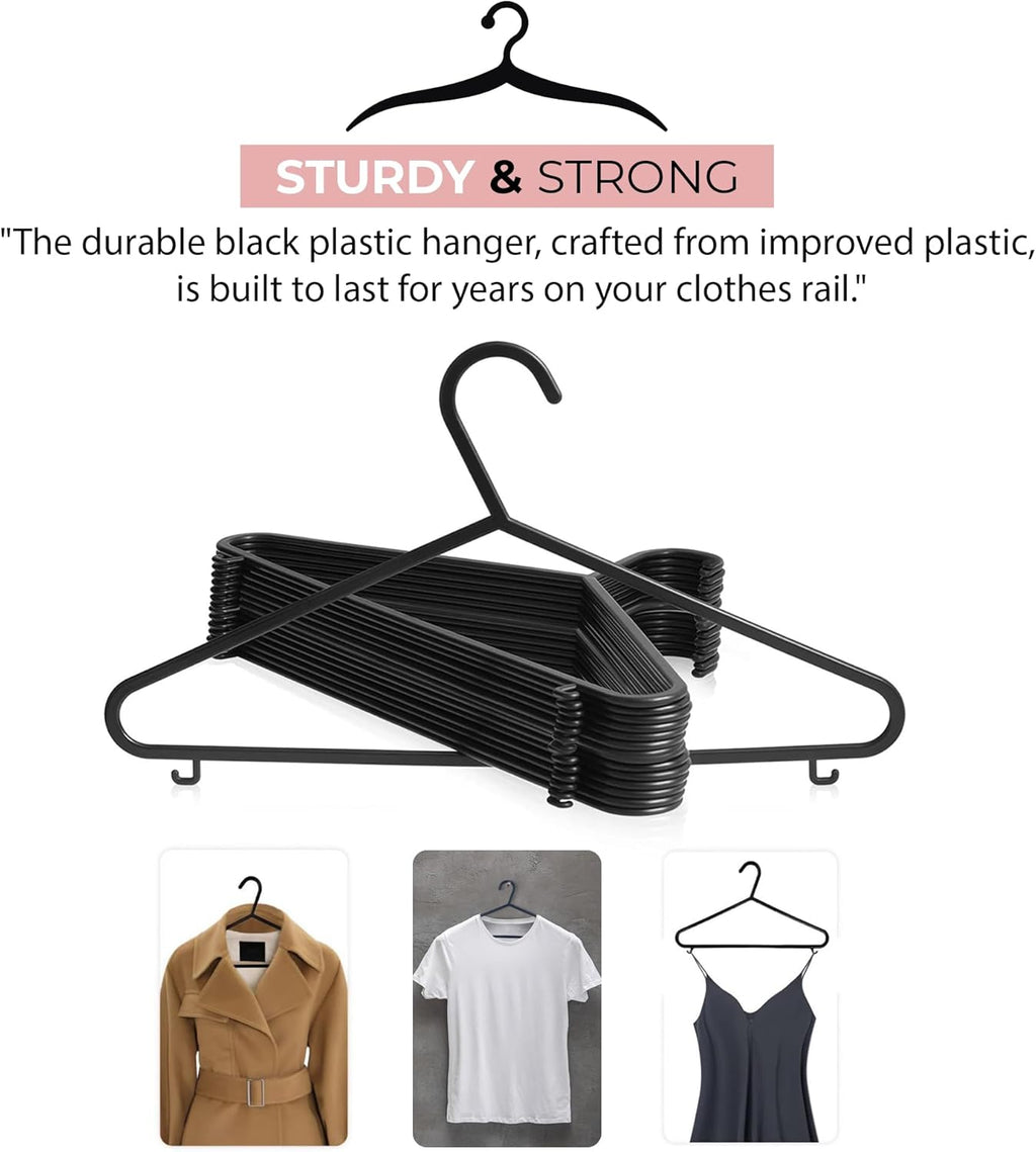 Coat Hangers, 50 Pack, Black | Adult Plastic Clothes Hangers for Clothes | Durable & Lightweight | Non-Slip, Space-Saving Design for Shirts, Jackets, Trousers & More (50 Pack)