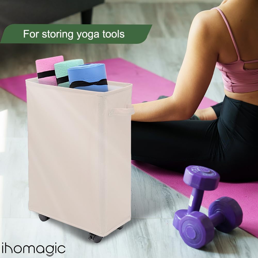 Slim Laundry Basket - Rectangle Laundry Hamper With Wheels - Foldable Storage Bin Coner Washing Hamper Dirty Clothes Storage Hamper for Clothes in Bedrooms, Living Room, Bathroom (Beige)