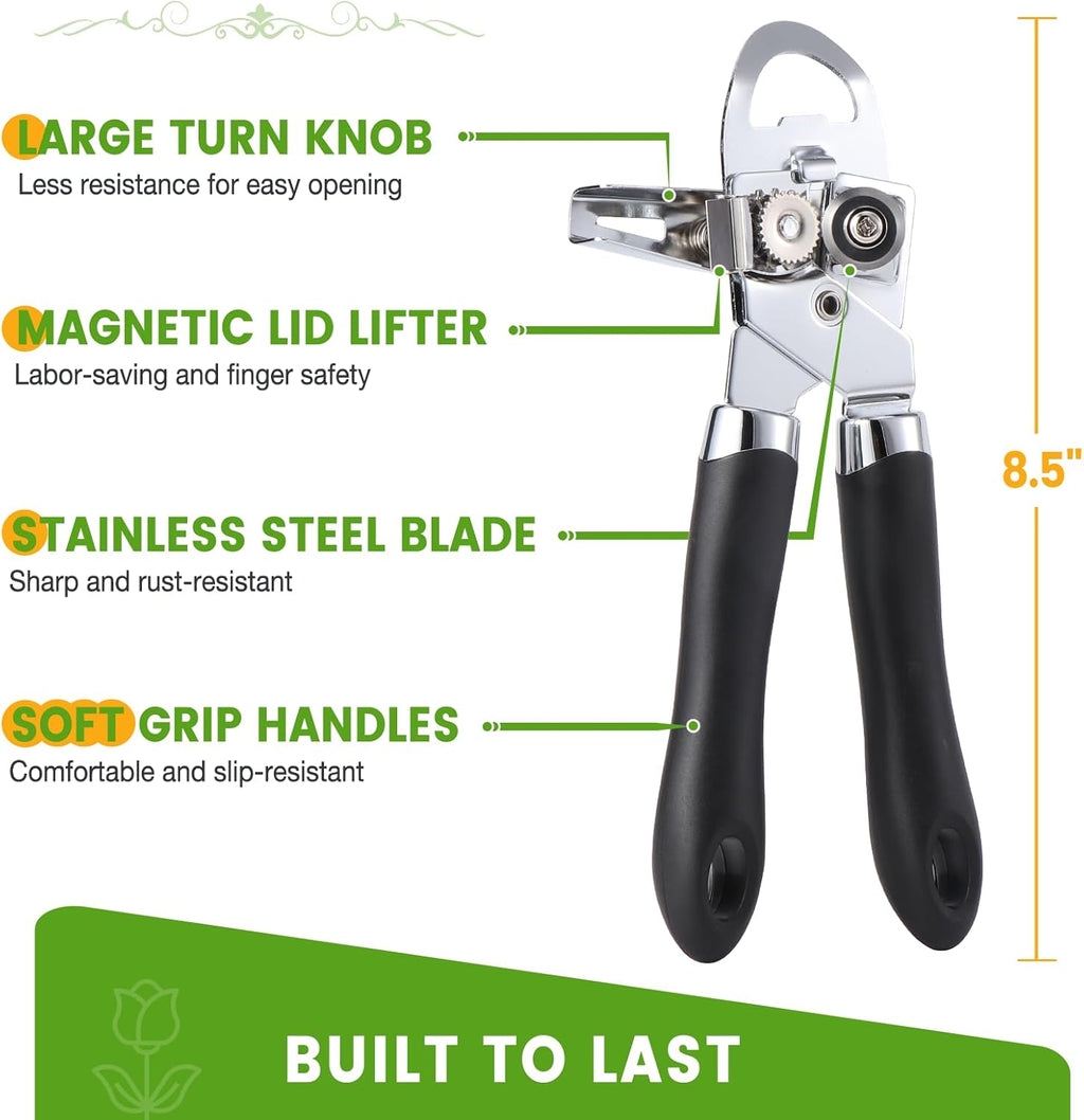 Tin Opener, Diboniur Can Opener Manual, 3-in-1 Multifunctional Can Opener and Bottle Opener, Handheld Heavy Duty Stainless Steel, Black, 8.5"