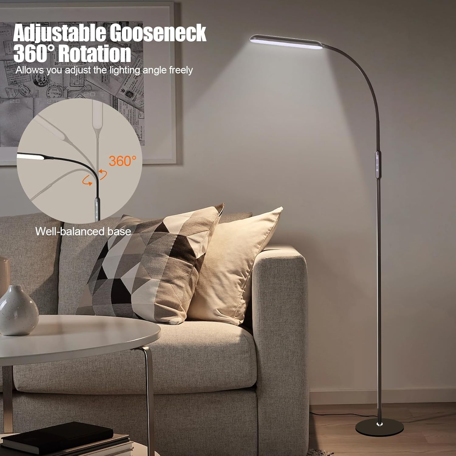 LED Floor Lamp, Reading Standing Lamps with Touch Control for Living Room, Bedroom, Dimmable Standing Lamp with 5 Color Temperature & 5 Brightness Levels, Gooseneck Height Adjustable, Black