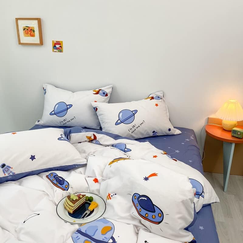 HAVOP 100% Cotton Duvet Cover Double Size Kids Boys Girls Cartoon Space Bedding Set Rocket Planet Stars Printed Quilt Cover Set White And Blue All Season Bedding Set, 200×200 cm