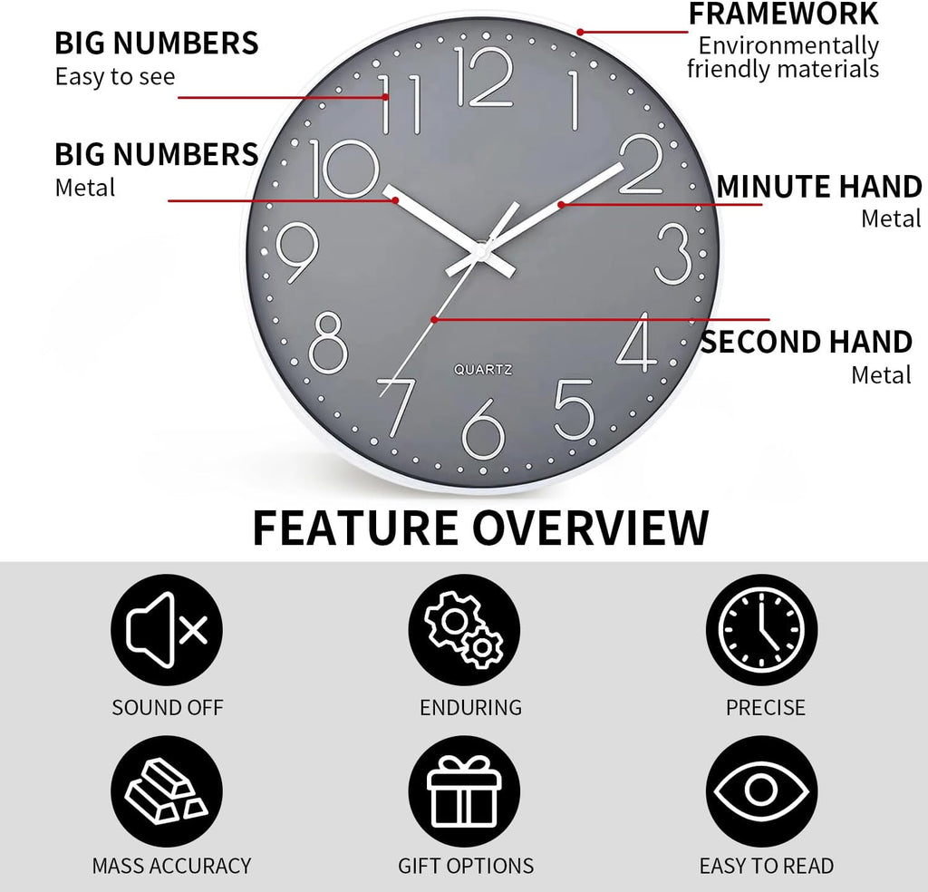 Wall Clock Non-Ticking Silent Battery Operated Round Wall Clock Modern Simple Style Decor Clock for Home/Office/School/Kitchen/Bedroom/Living Room/8.5 Inch Grey