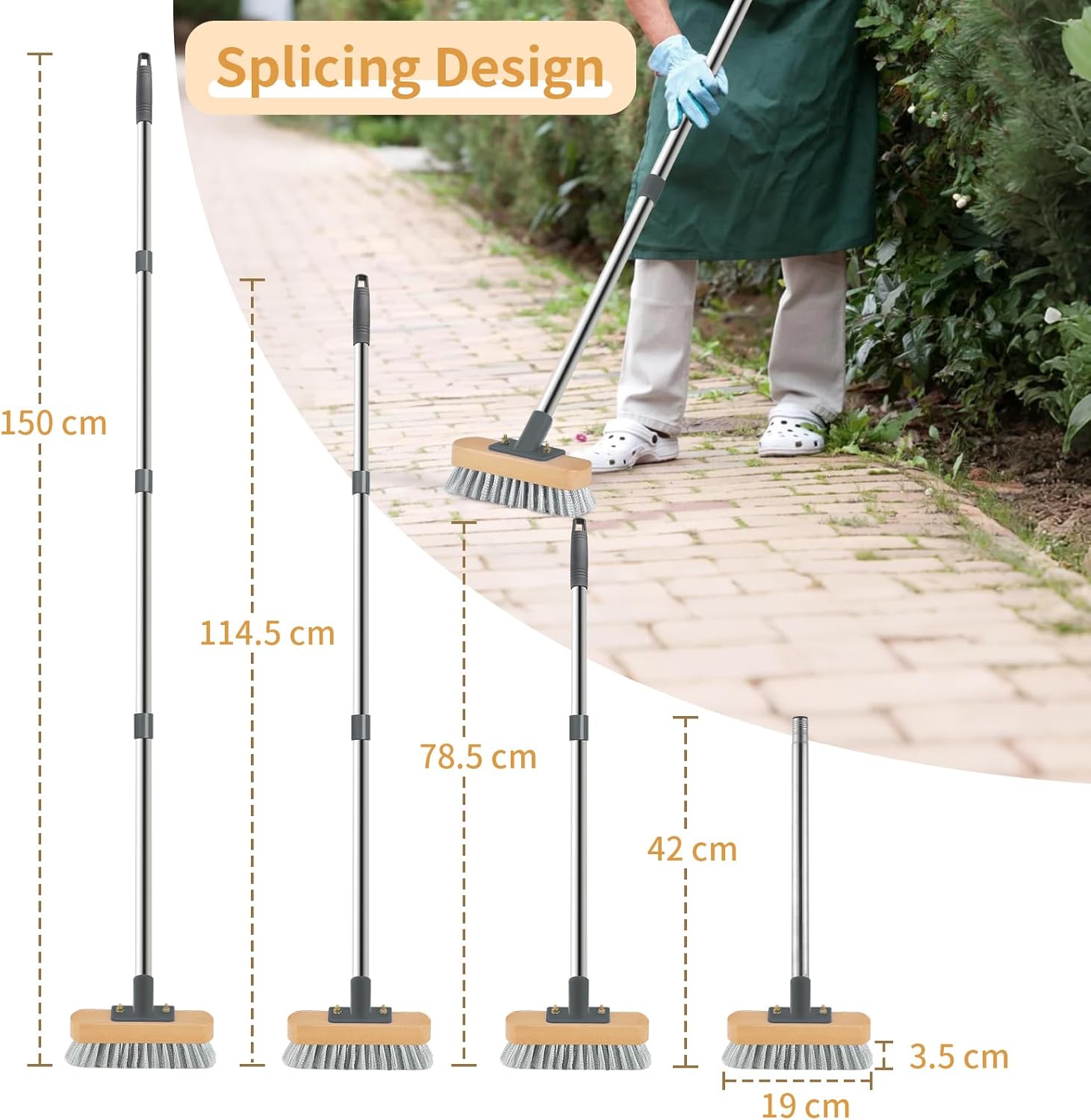 Wire Broom with 150cm Handle, Heavy Duty Wire Brush for Patio Garden Moss Algae Weed Removing, Hard Stiff Metal Brush Outdoor Floor Scruber for Cleaning Yard Roof Deck