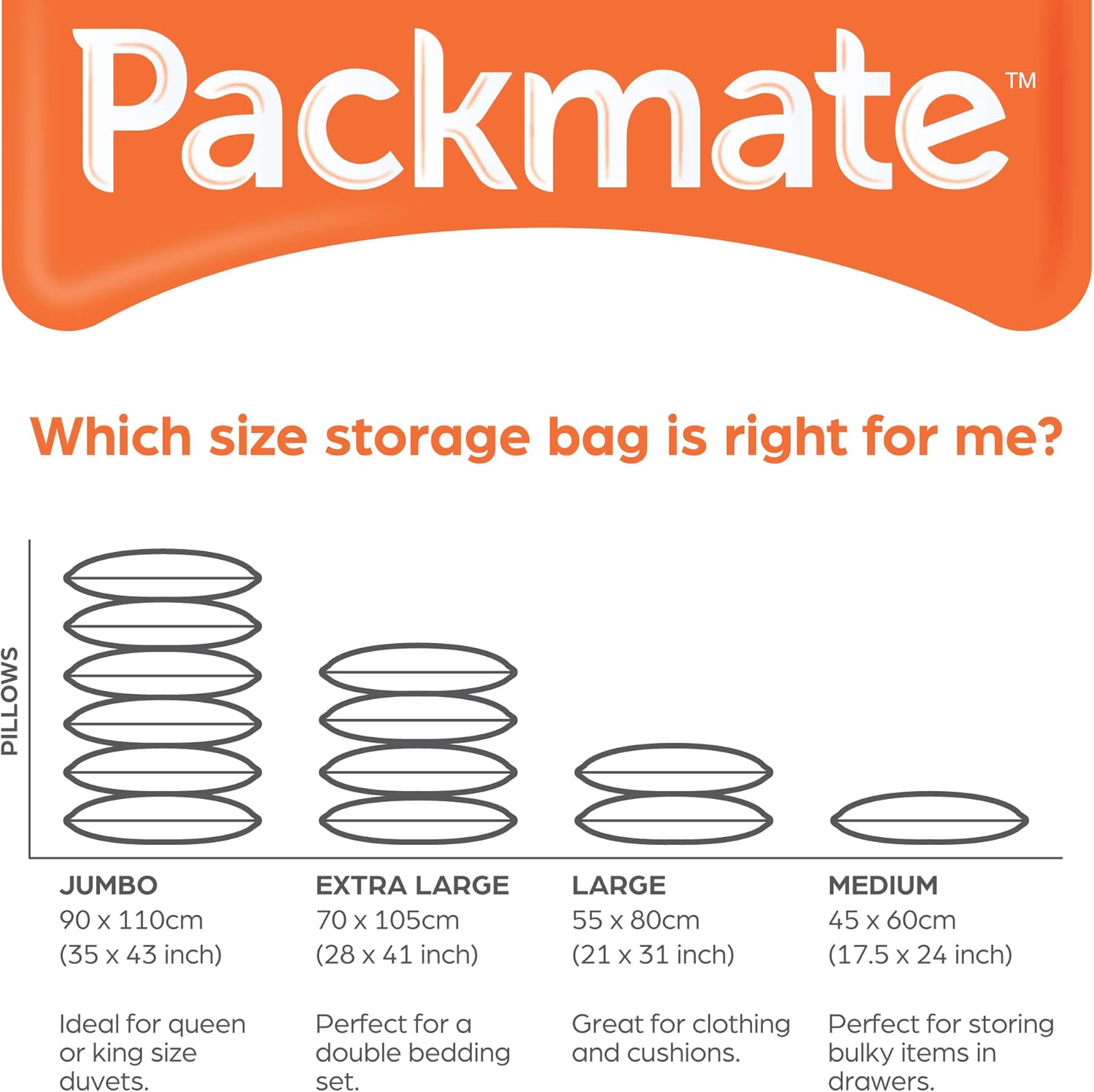 Packmate - 4 Medium 60 x 45cm Flat Vacuum Storage Bags Ð Ideal for Storing Baby Clothes, Pillows, Blankets, Towels and Much More