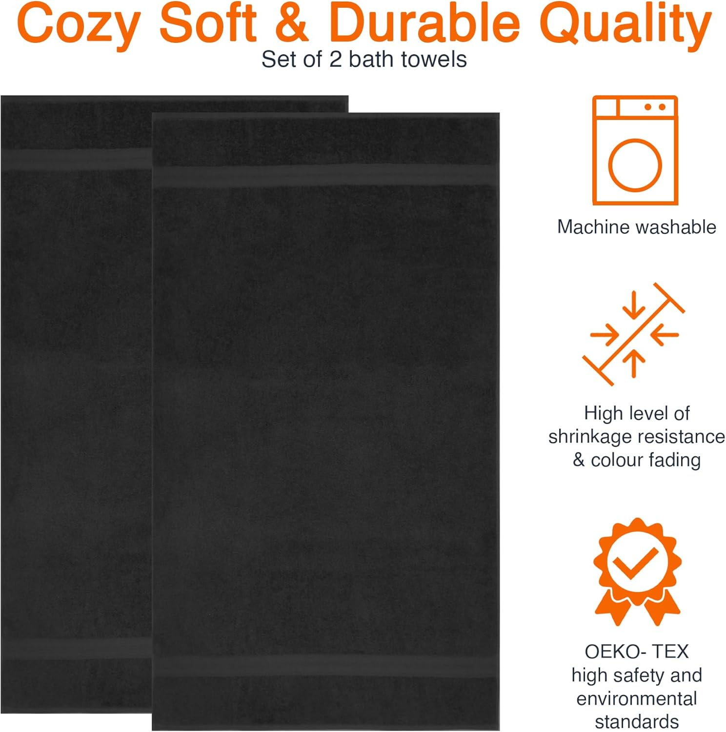 Fade Resistant Towel Set, 2 Bath - Black by Amazon Basics