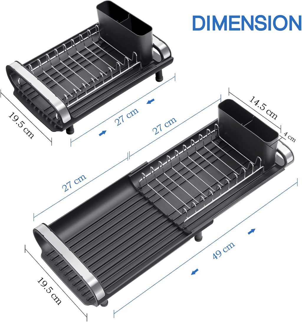 Small Dish Drainer, Expandable Dish Drainer Rack, Dish Rack With Removable Cutlery Holder, Anti Rust Small Sink Drainer, Expandable Draining Board Rack For Kitchen Counter, Black
