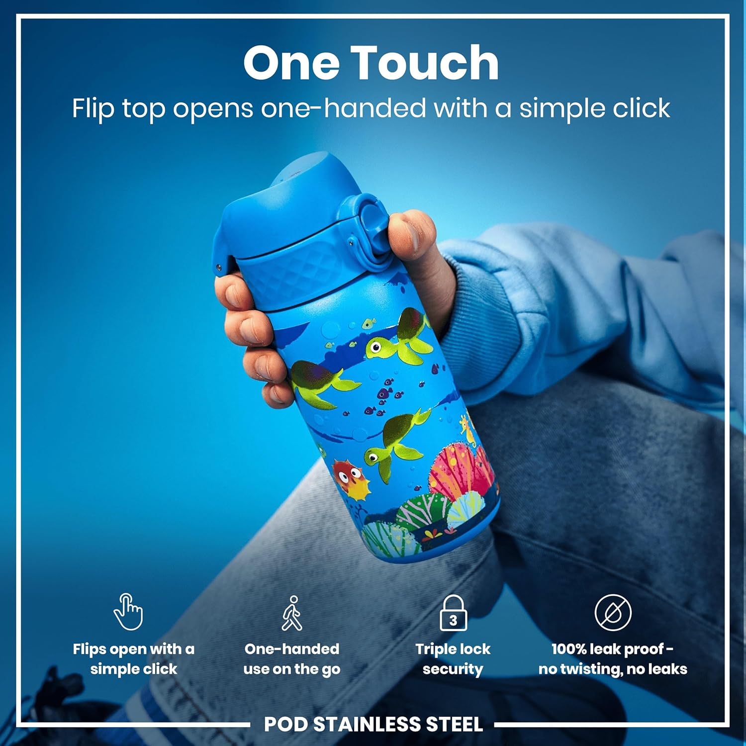 Small Water Bottle, Leak Proof, Easy to Open, Secure Lock, Dishwasher Safe, Flip Cover, Carry Handle, Easy Clean, Durable, Water Bottle, Raised Print, Blue, Sea Turtle