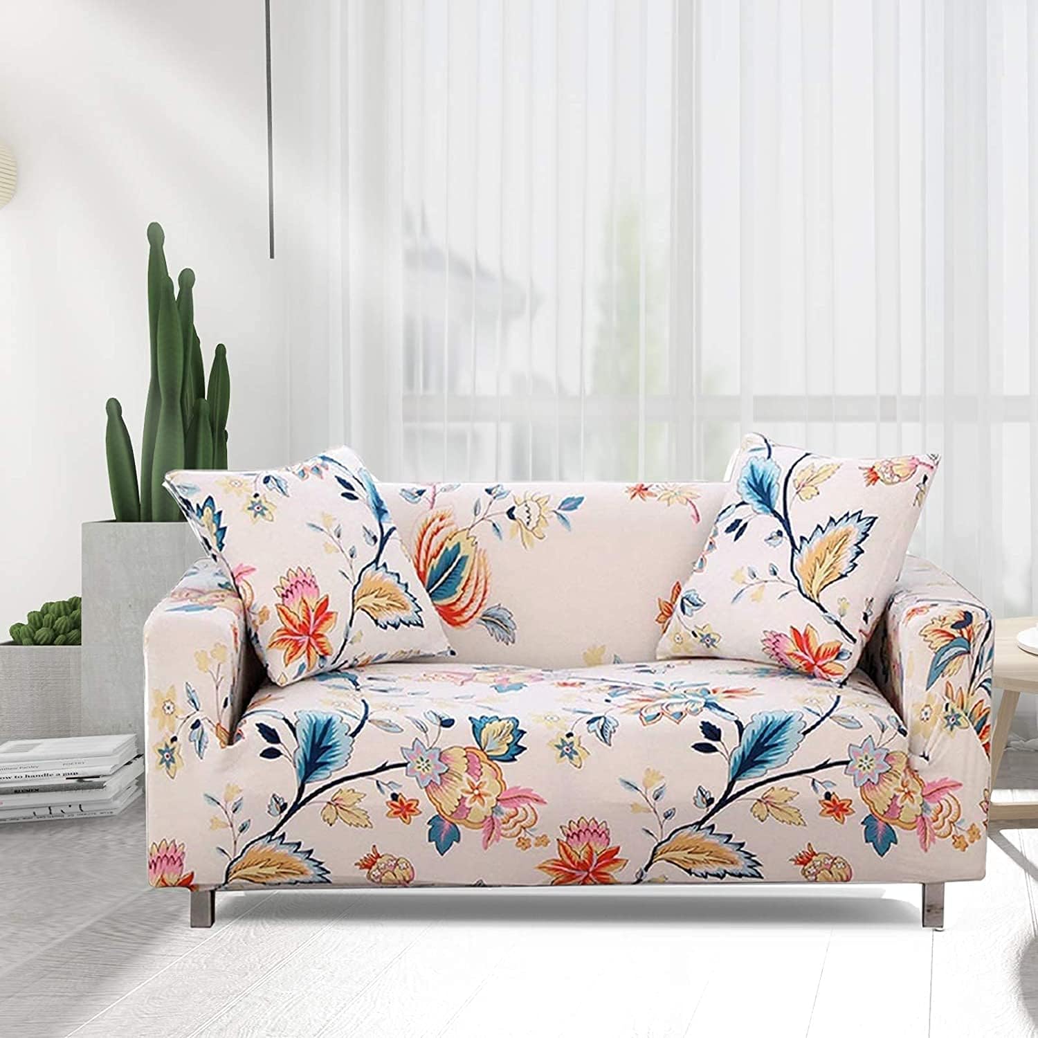 Stretch Sofa Coves, Polyester Spandex Printed Elastic Couch Sofa Slipcovers, 4 Seater Furniture Protector Covers, 88-114" Long with Anti-Slip Foam (DreamFlower)