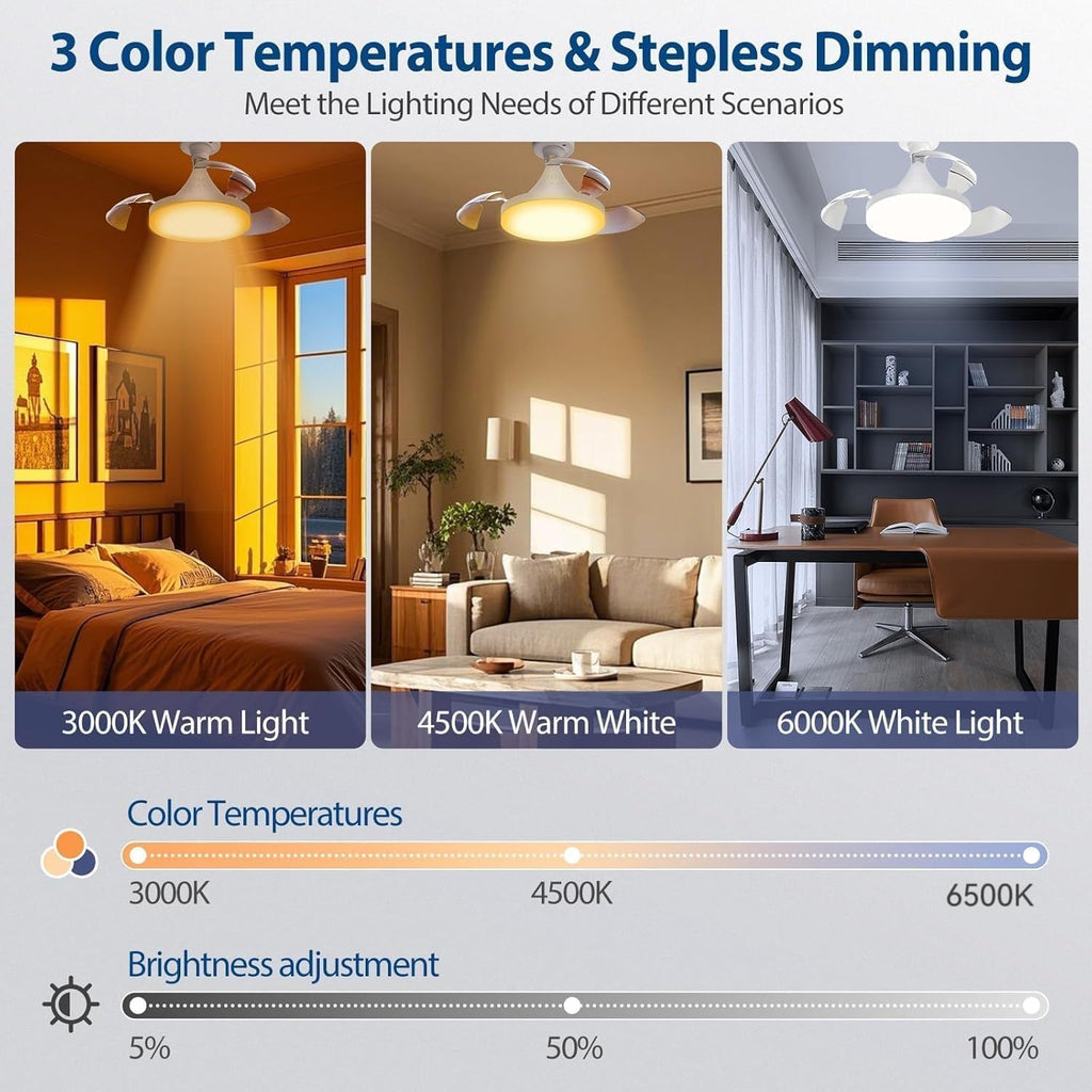 Ceiling Fans with Lights and Remote, 40W Retractable Modern Smart Ceiling Fan Upgraded Motor, 3 Colors 4 Wind Speeds, 3000-6500K Dimmable E27 Base LED Fan Light for Bedroom, Living Room