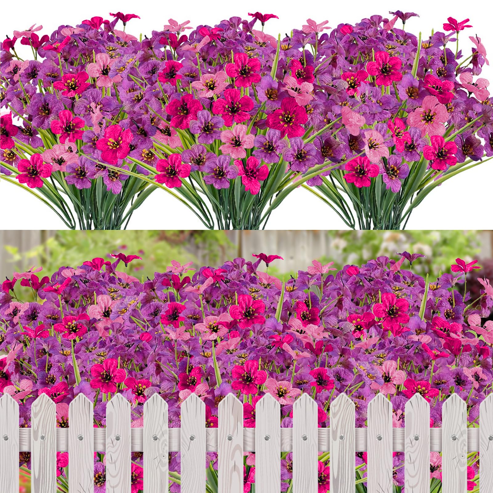 12 Bundles Outdoor Artificial Flowers, Indoor Decorative Fake Flowers for Home Garden Wall Wedding Party, Fake Flowers for Outside Planter Window Box (Pink Purple Fuchsia) Main image