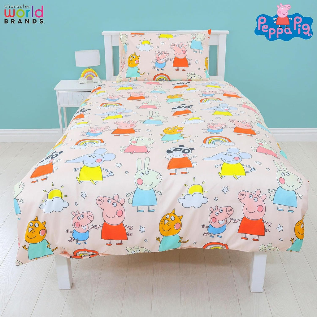 Character World Peppa Pig and Friends Official Single Bed Duvet Cover Set | Colourful Playful Design Reversible 2 Sided Bedding Including Matching Pillow Case