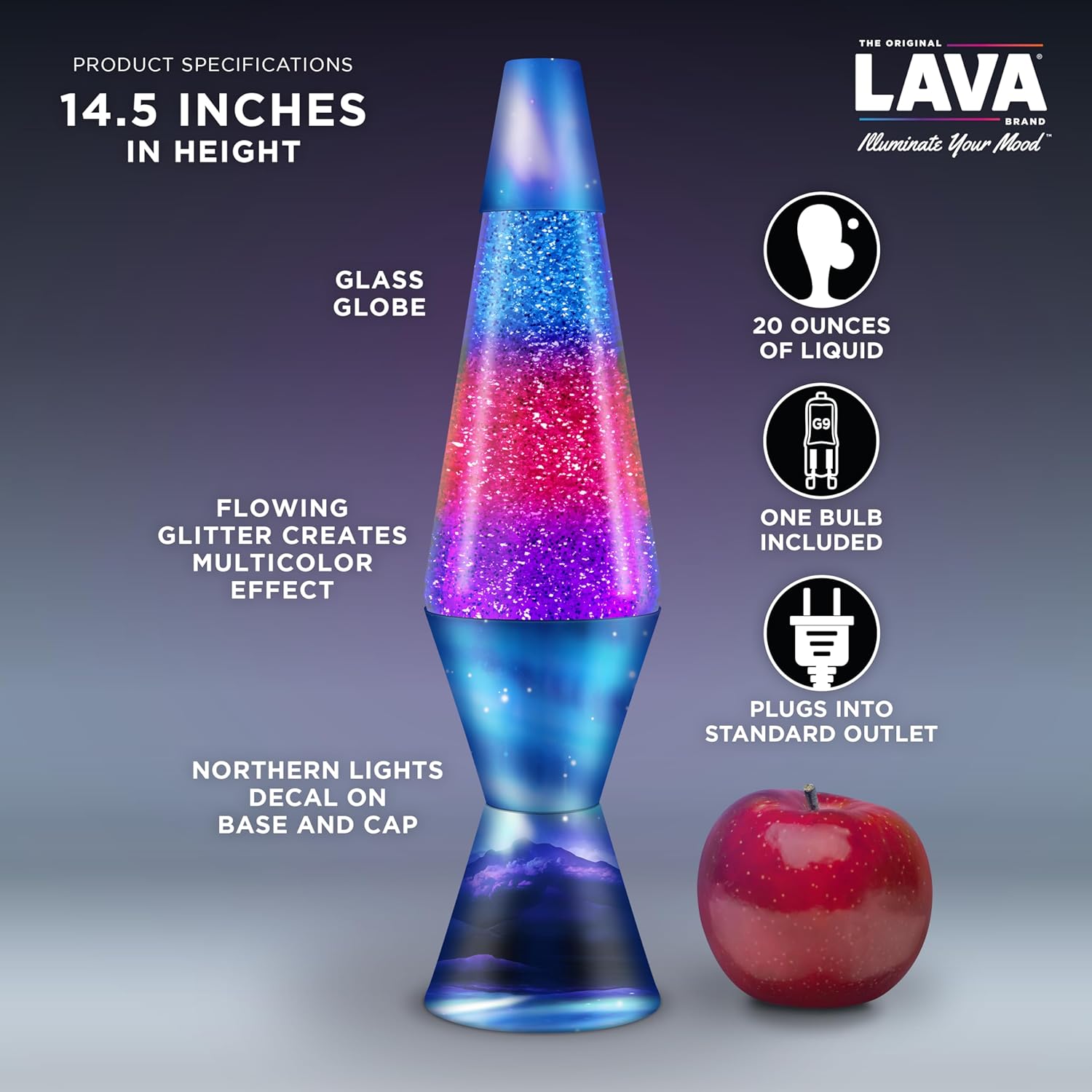 Lamp Northern Lights 2160, Tri-colour Globe, Silver Glitter, Decorative Base and Cap, Original 14.5 inch LAVA® Motion Lamp to Illuminate Your Mood