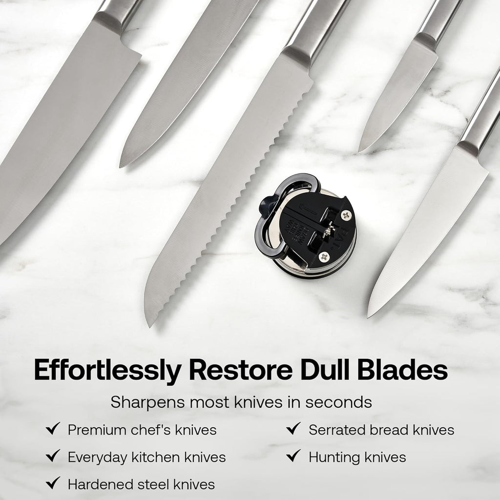 Knife Sharpener, Hands-Free Safety, PowerGrip Suction, Safely Sharpens All Kitchen Knives, Ideal for Hardened Steel & Serrated, World's Best, Compact, One Size, Silver