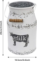 Metal Big Cow Galvanized Milk Can with Wooden Handle, Rustic White Farmhouse Vase Planter, Primitive Decorative Flower Holder for Home Wedding Table Centerpiece Decor Large - 11"